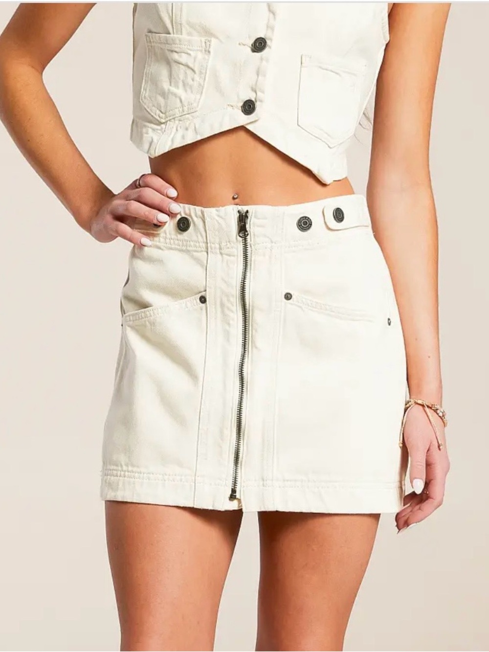 Cream Front Zip Mini Skirt with Utility Pockets